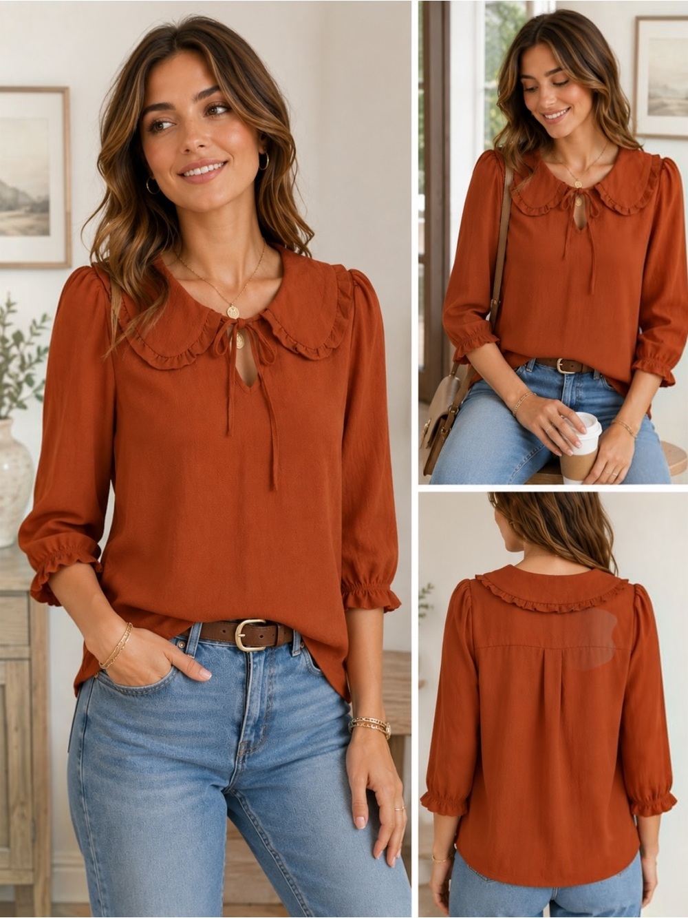 Monteau Los Angeles XL Rust Peter Pan Collar Tie Front Puff Sleeve Blouse